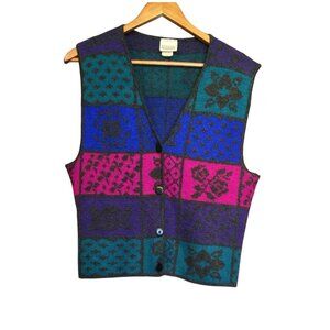 Vintage Womens Patchwork Color Block Knit Vest Cardigan Size S Acrylic Preppy